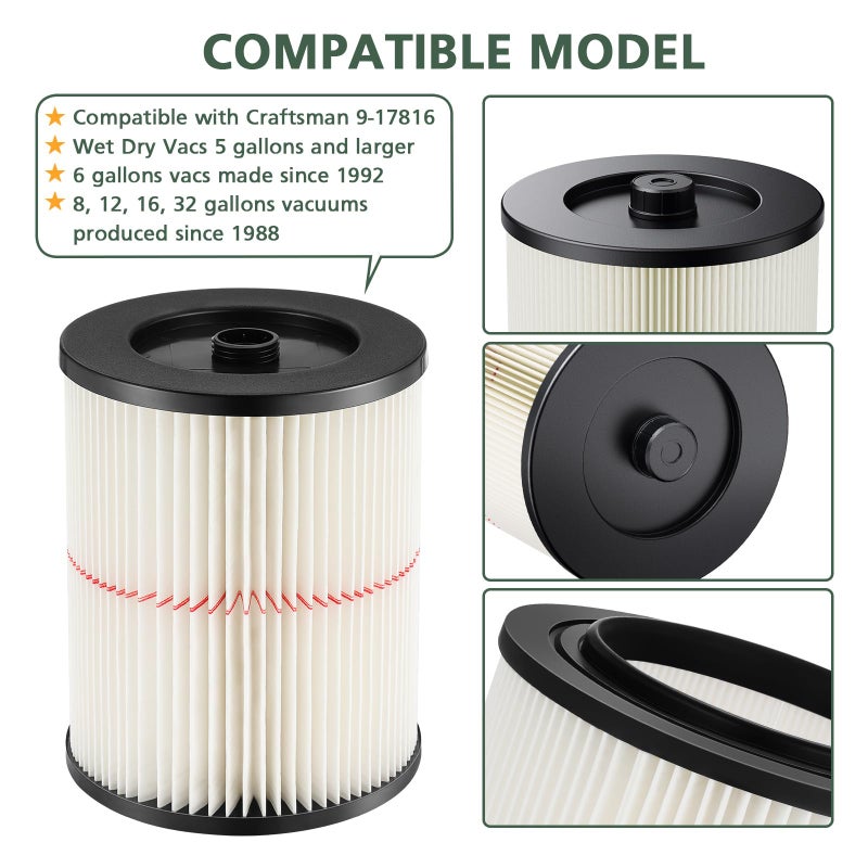 isinlive 9-17816 Red Stripe Vacuum Cartridge Filter Replacement Compatible with Craftsman Wet/Dry 5/6/8/12/16/32 Gallon and Larger(2 Pack) - Image 3